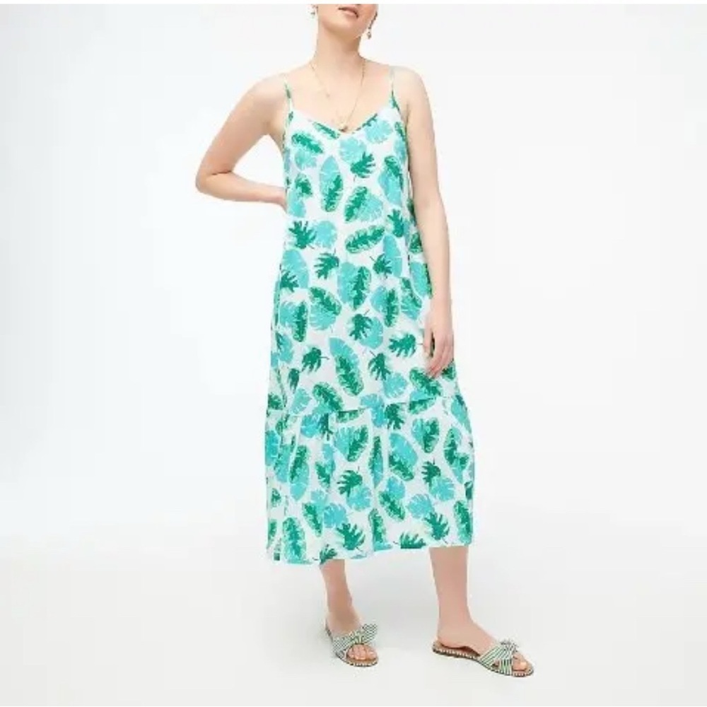 J Crew Tropical Palm Leaf Print Maxi Dress Spaghetti Strap Vacation Sundress L